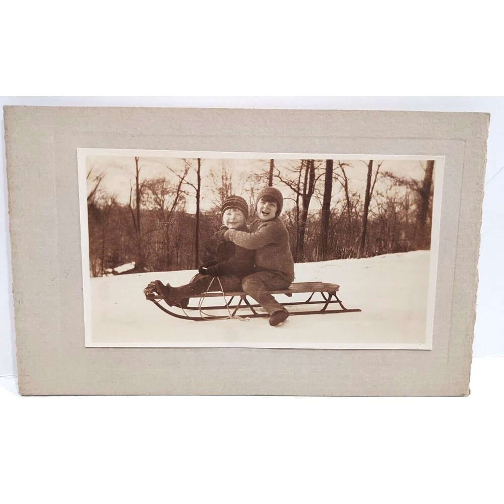 Children on Sled in the Snow Antique Photo 1920s